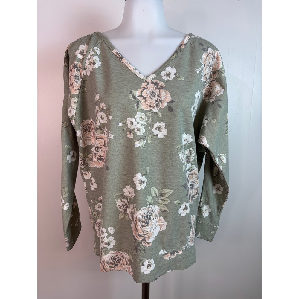 Maurices Top Medium Green Floral V-Neck Cold Shoulder Pullover Sweatshirt Womens